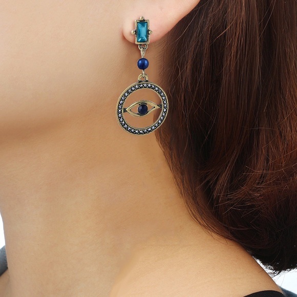 2/$20 Gold/Crystal Egyptian Evil Eye Drop Earrings - Picture 3 of 8